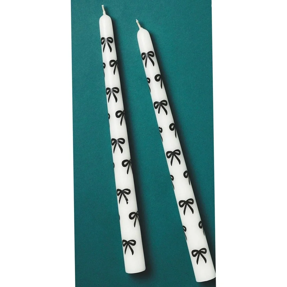Anthropologie Hand Painted Bow Taper Candles Set of 2 White Black 12 Inch NEW